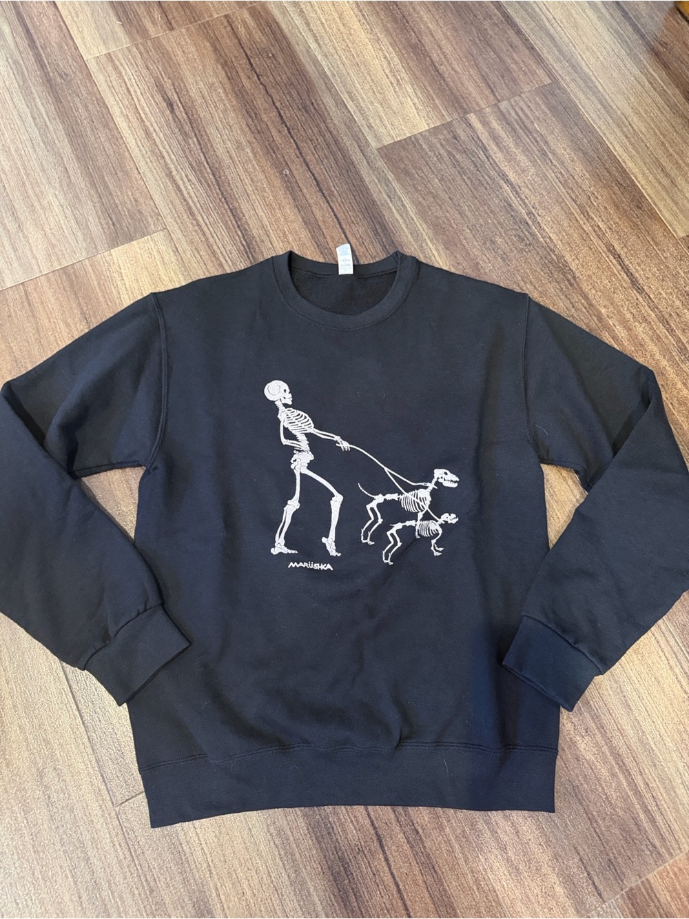 Marushka Unisex Black Skeleton Dog Walk Graphic Crewneck Sweatshirt